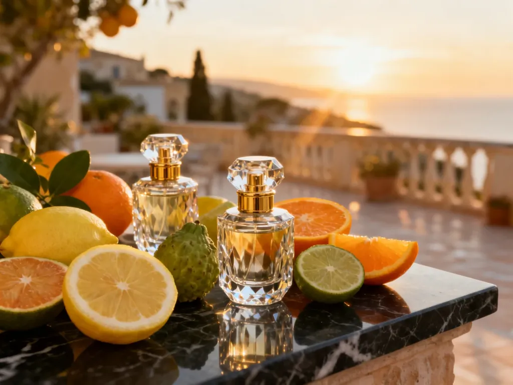 Eleganckie flakony perfum w otoczeniu świeżych cytrusów na marmurowym blacie w promieniach zachodzącego słońca.