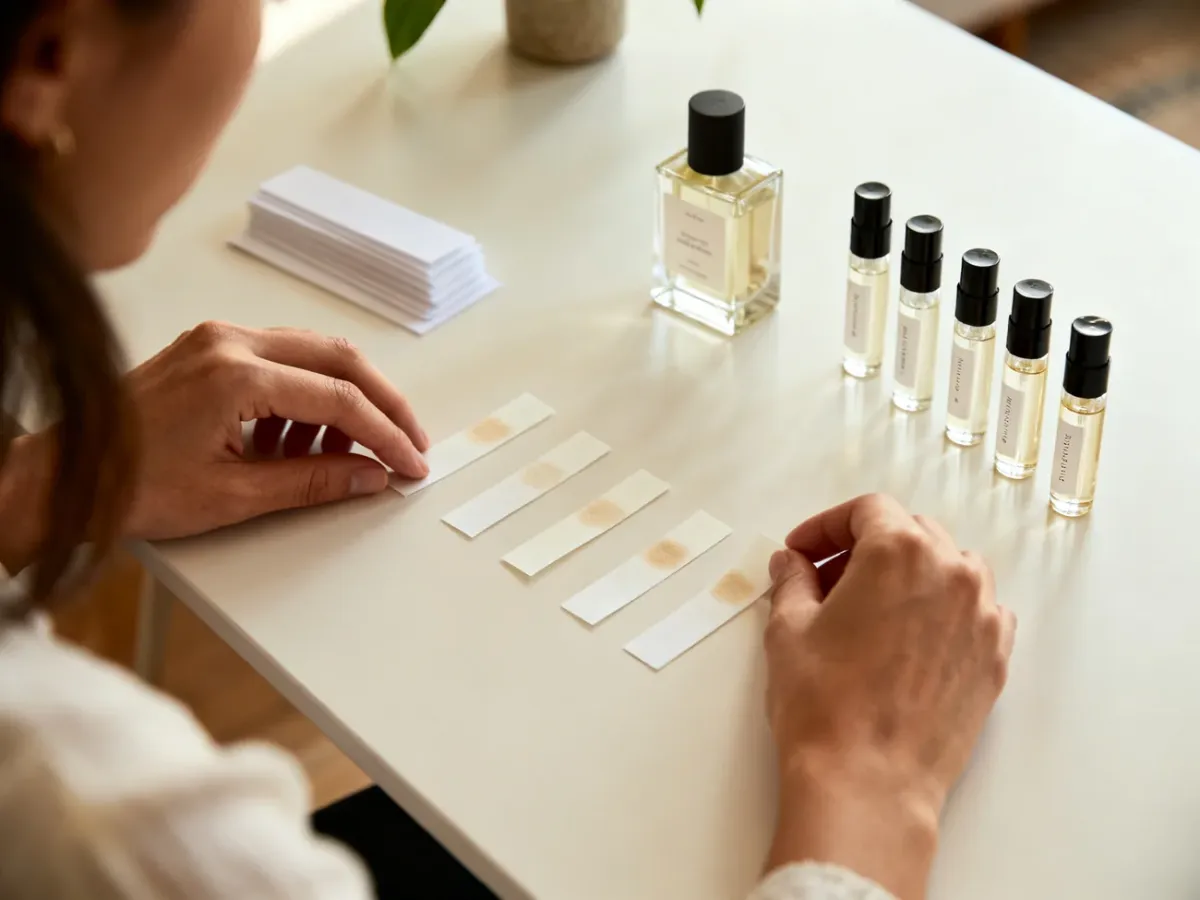 Próbki perfum i blottery przygotowane do spokojnego testowania
