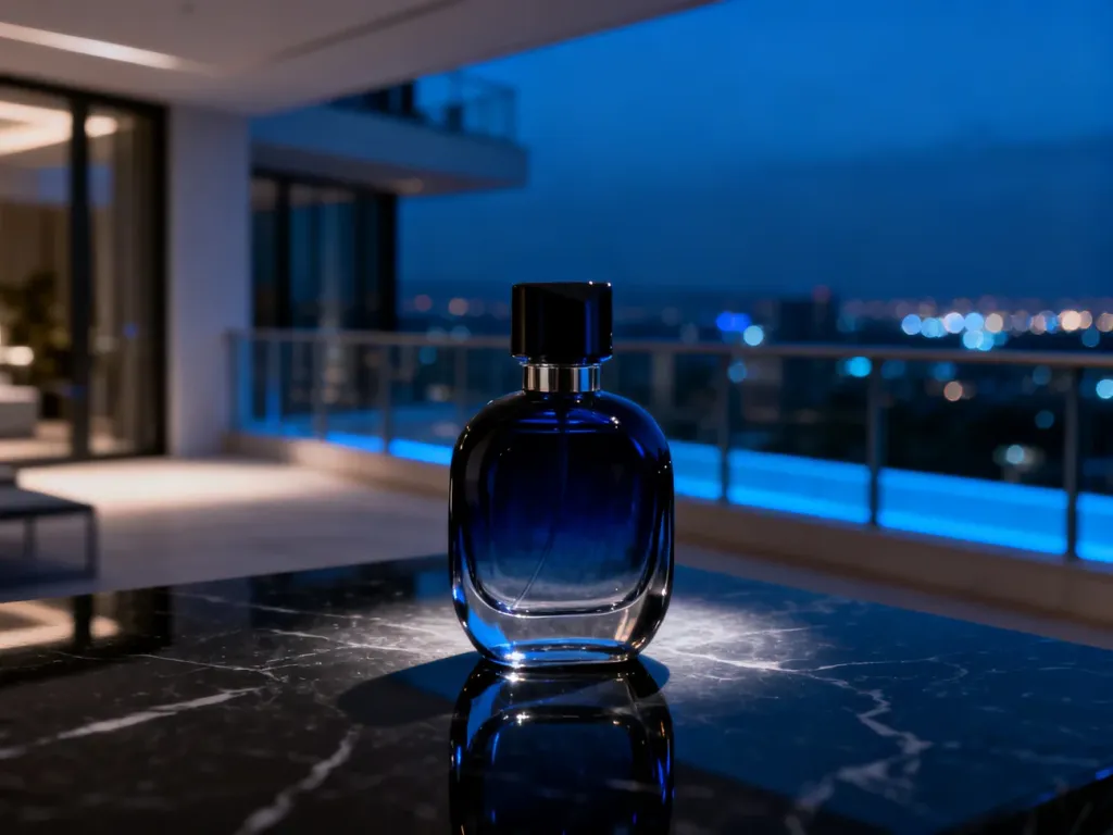 Elegancki flakon Hugo Boss Bottled Night na ciemnym, marmurowym blacie z rozmytym widokiem na nocne miasto w tle.