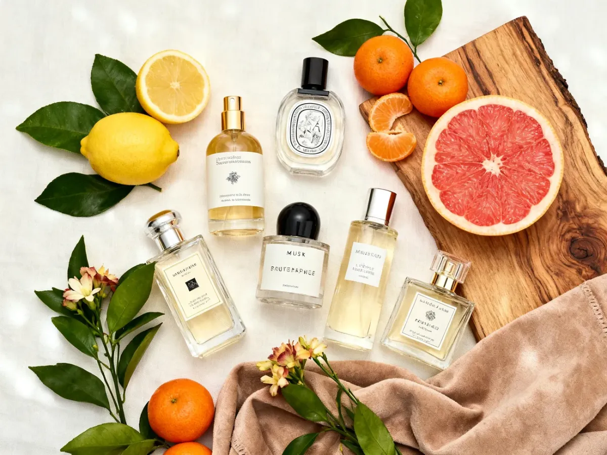 Porównanie różnych kompozycji perfum cytrusowych w eleganckiej aranżacji