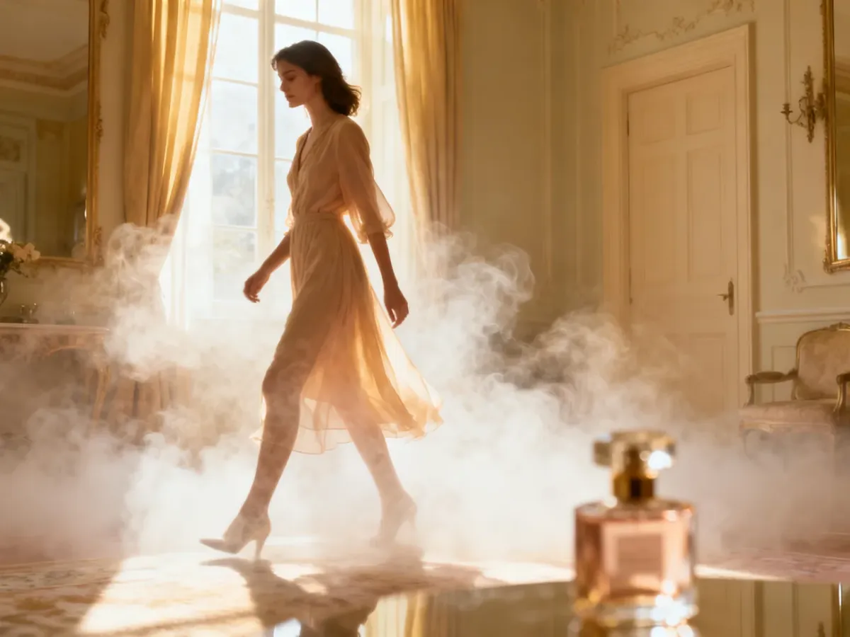 A woman walking through a fine cloud of perfume