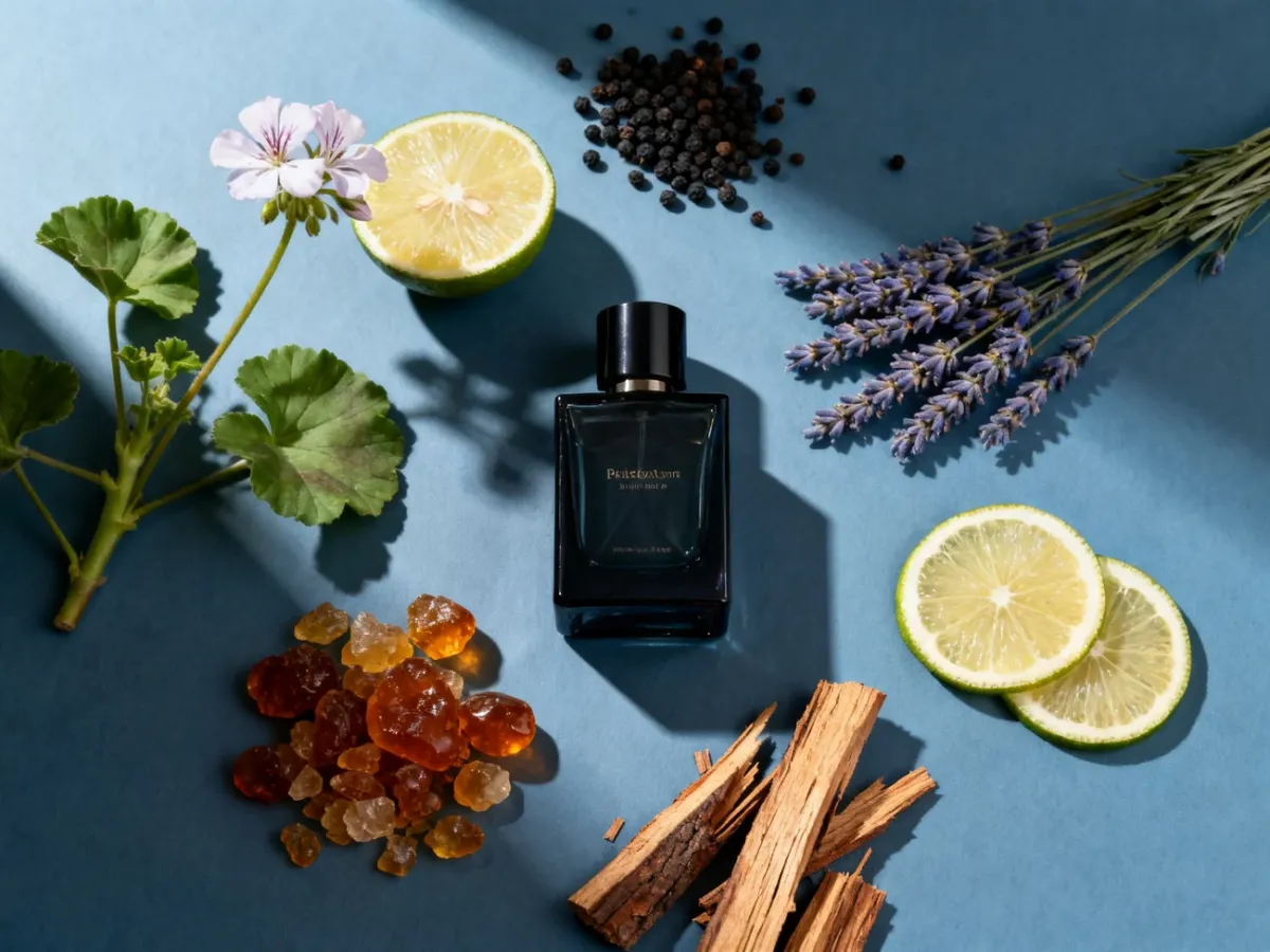Składniki zapachu Dior Sauvage ułożone wokół ciemnego flakonu perfum