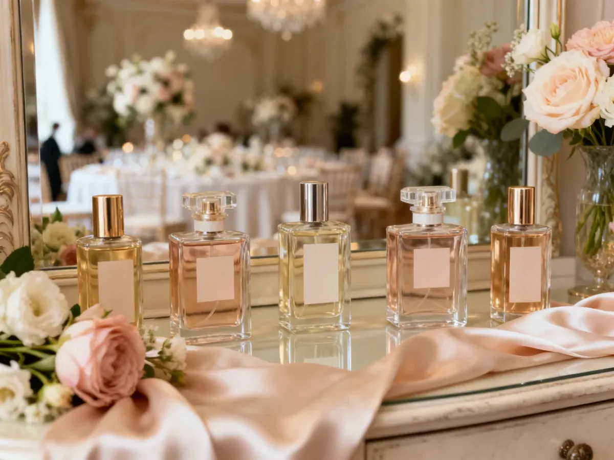 Elegancka kolekcja perfum na tle romantycznego przyjęcia weselnego