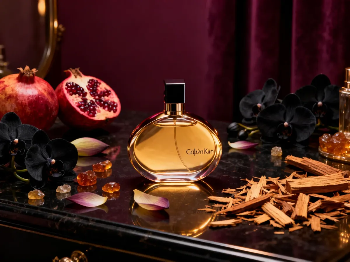 Flakon perfum Euphoria otoczony granatem, orchideą i ciepłymi akcentami drewna