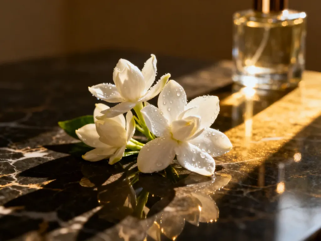 Eleganckie kwiaty jaśminu z kroplami rosy na marmurowym blacie obok flakonu perfum w nastrojowym, złotym świetle.