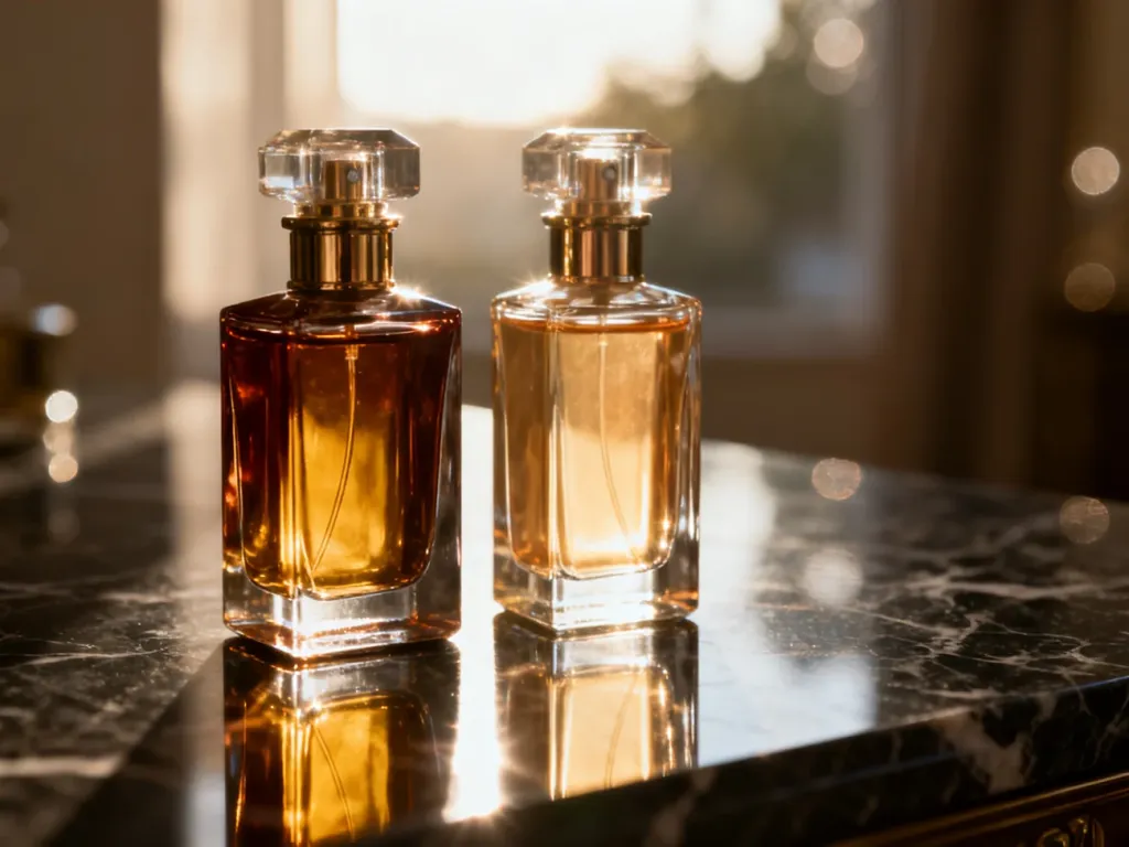 Dwie eleganckie butelki perfum o różnym odcieniu płynu ustawione na marmurowym blacie w świetle poranka.