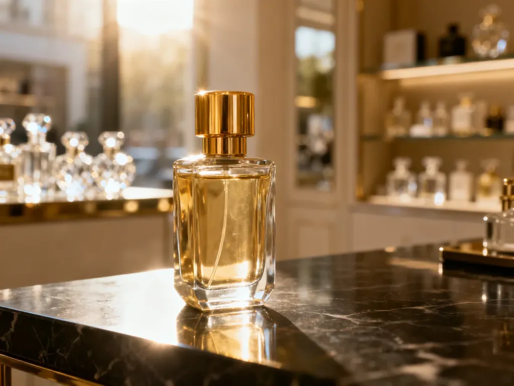 Elegancki flakon perfum na marmurowym blacie w tle luksusowego butiku, podkreślający ekskluzywny charakter zapachu.