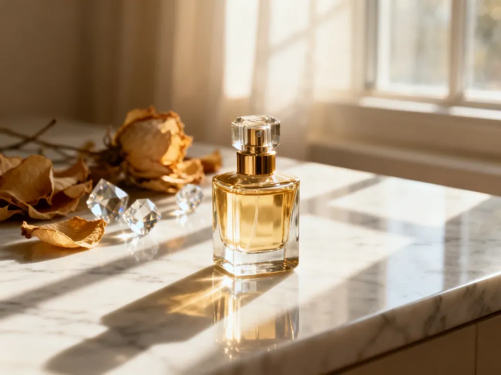 Elegancki flakon perfum na marmurowym blacie w otoczeniu suszonych kwiatów i pryzmatów w promieniach porannego słońca.