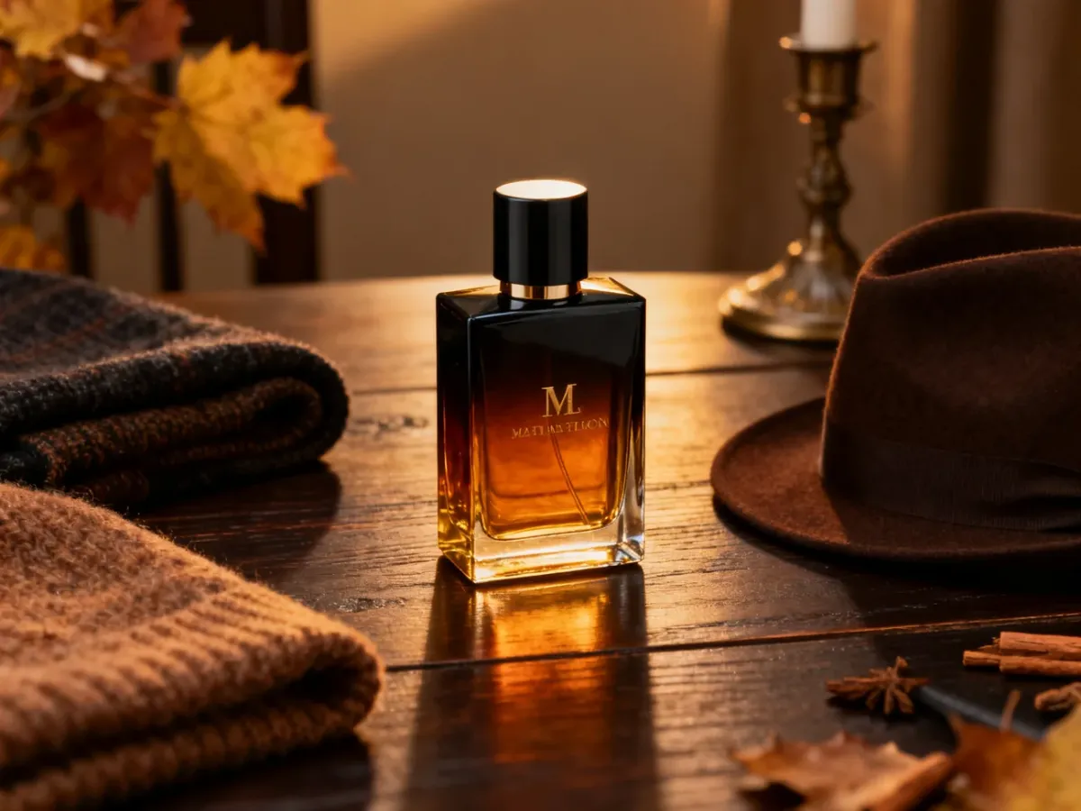 Ciepły, elegancki flakon perfum w nastrojowym wieczornym otoczeniu