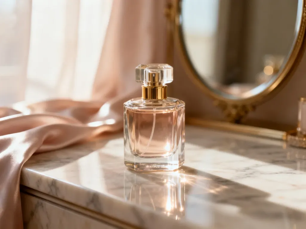 Elegancki flakon perfum na marmurowym blacie w otoczeniu jedwabiu, podkreślający luksusowy charakter zapachu.