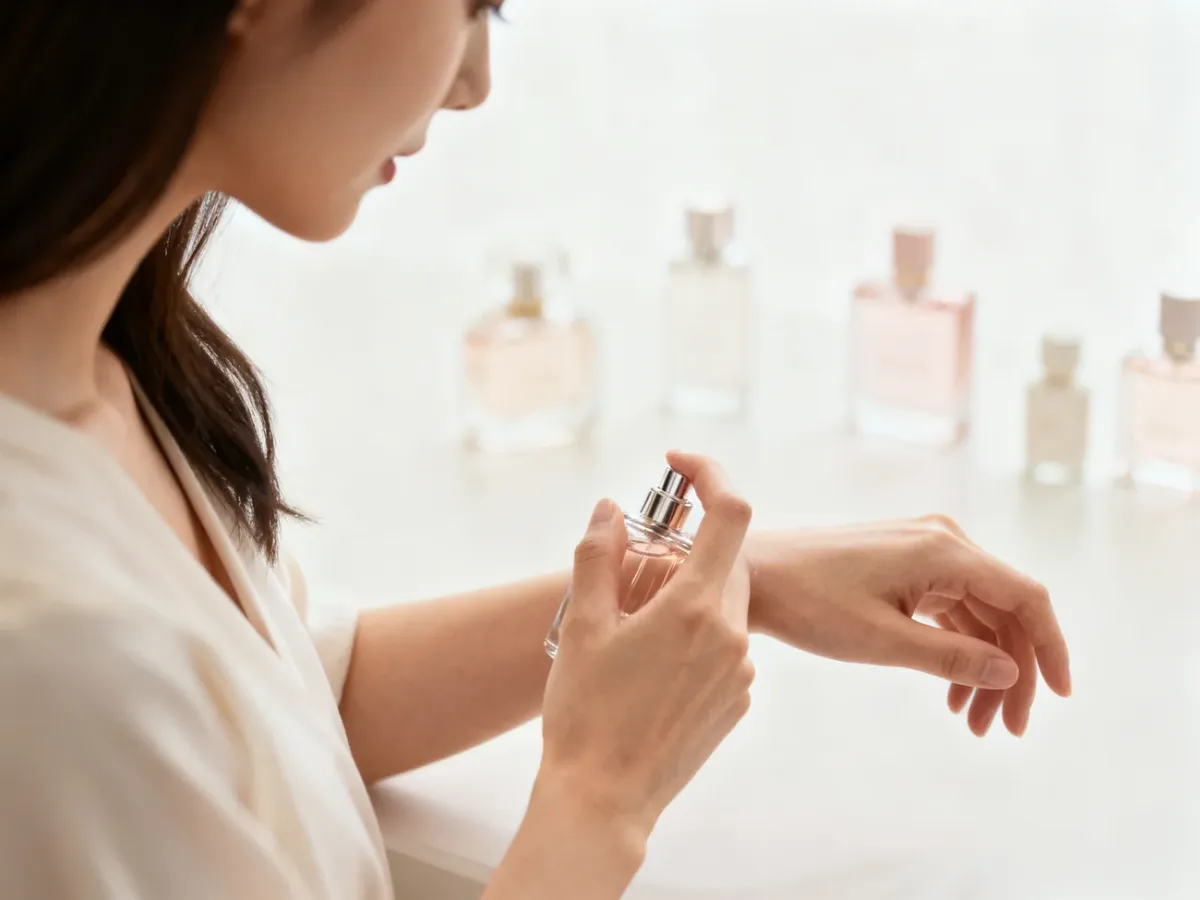 Kobieta testująca perfumy na nadgarstku