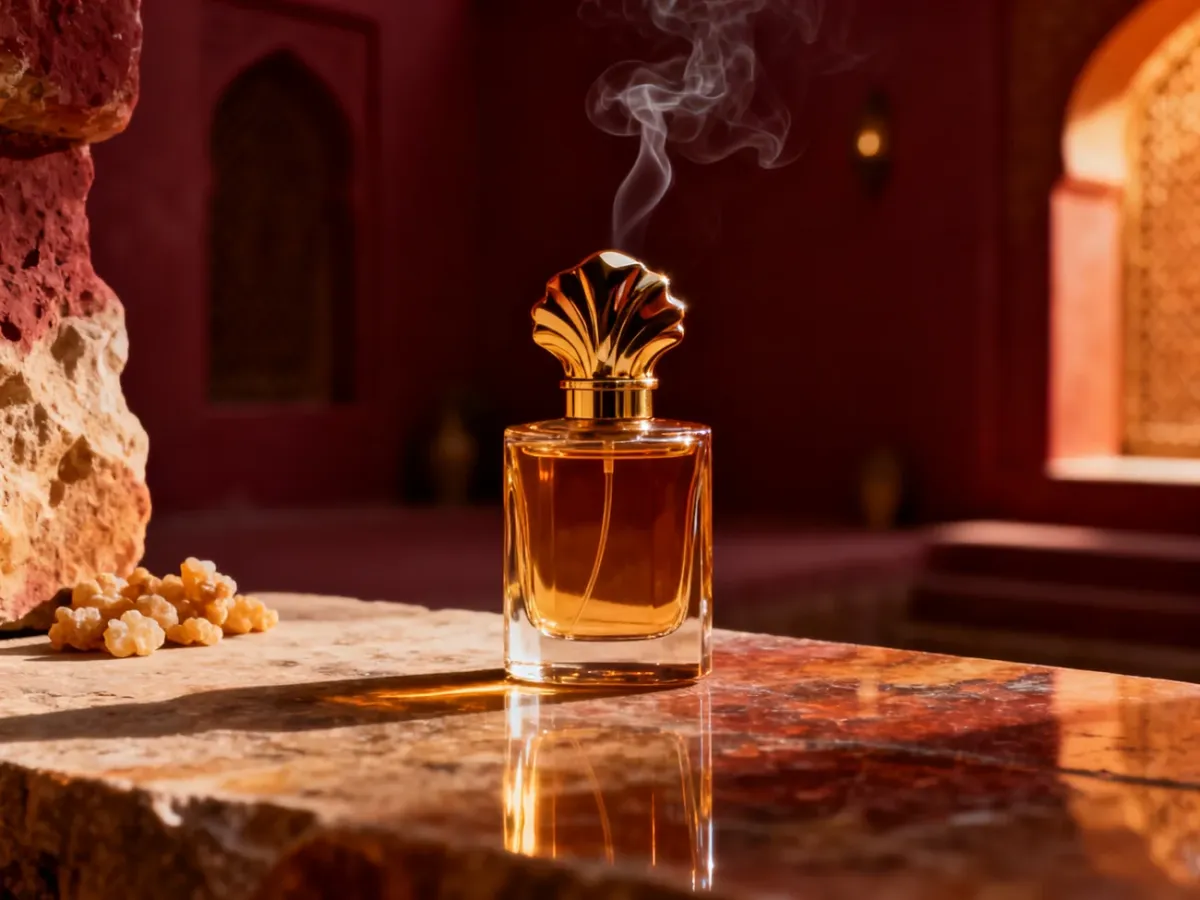 Elegancki flakon perfum inspirowany marką Amouage na tle omańskich akcentów i dymu kadzidlanego