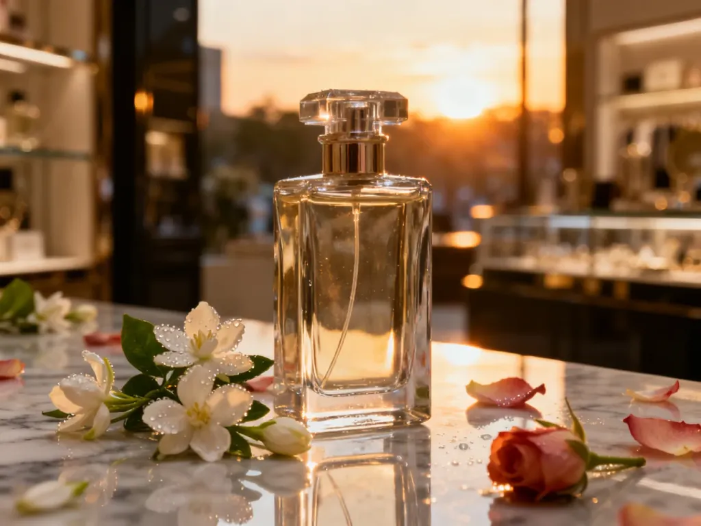 Elegancki flakon perfum otoczony świeżymi płatkami jaśminu i róż na marmurowym blacie w luksusowym wnętrzu.