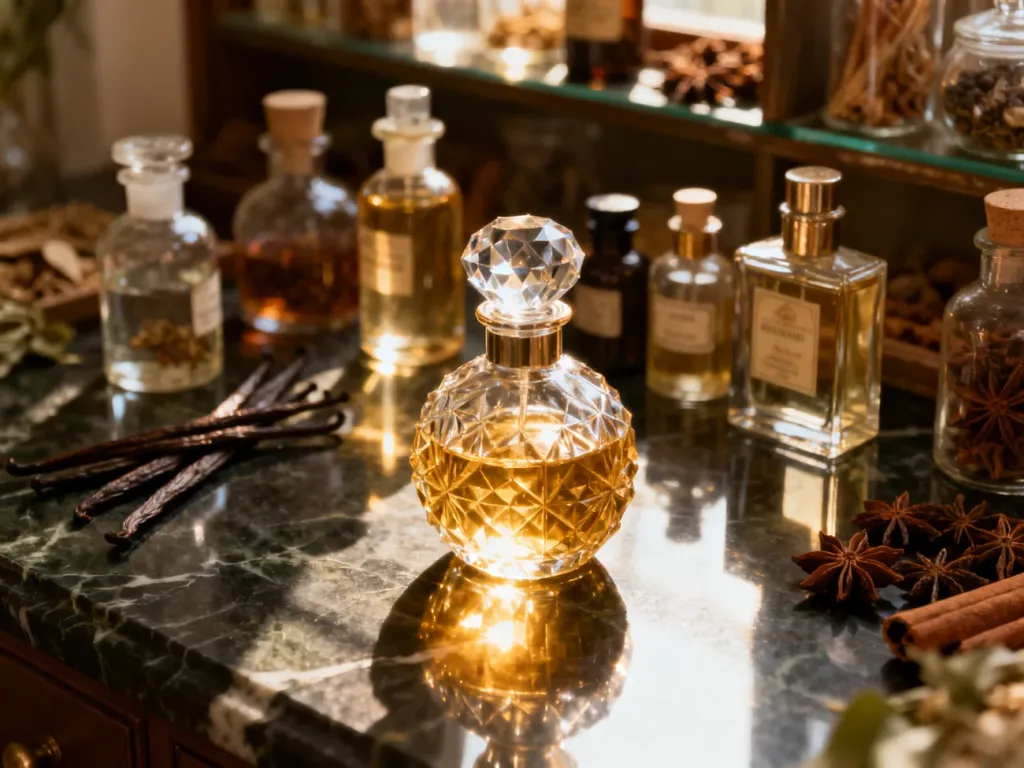 Eleganckie flakony perfum na marmurowym blacie w otoczeniu przypraw i botanicznych składników, podkreślające naturę zapachów.
