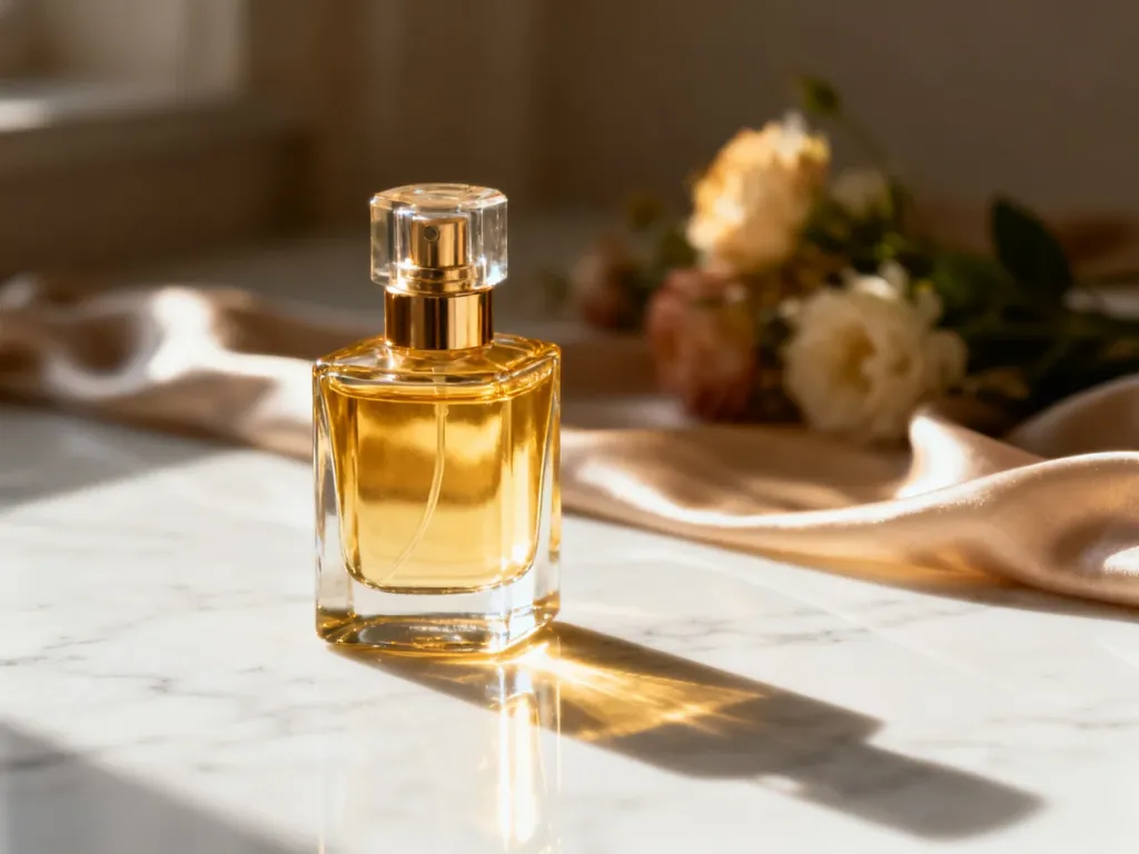 Elegancki flakon perfum Chanel na marmurowym blacie w otoczeniu kwiatów i jedwabiu w ciepłym świetle zachodzącego słońca.