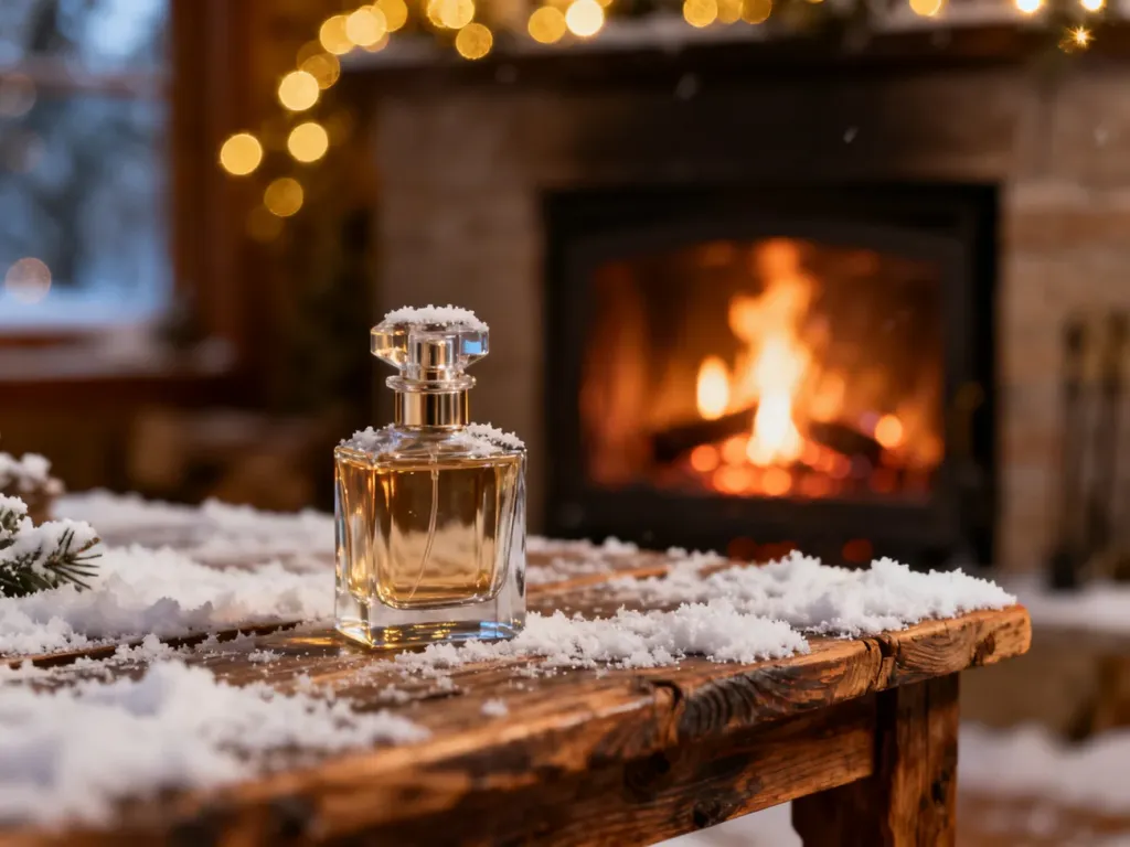 Elegancki flakon perfum na drewnianym stole oprószonym śniegiem, w tle przytulny kominek tworzący zimowy klimat.