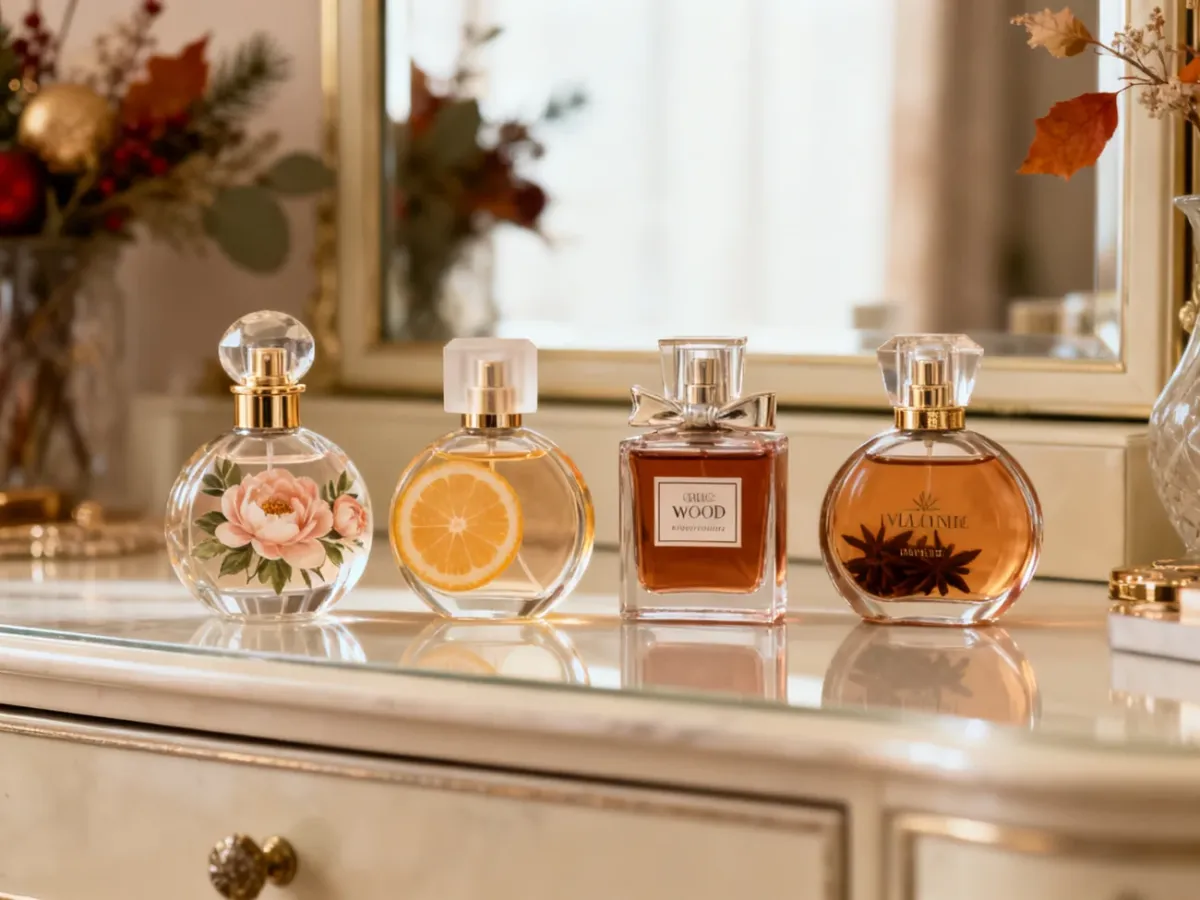Różne rodziny zapachowe perfum damskich na eleganckiej toaletce