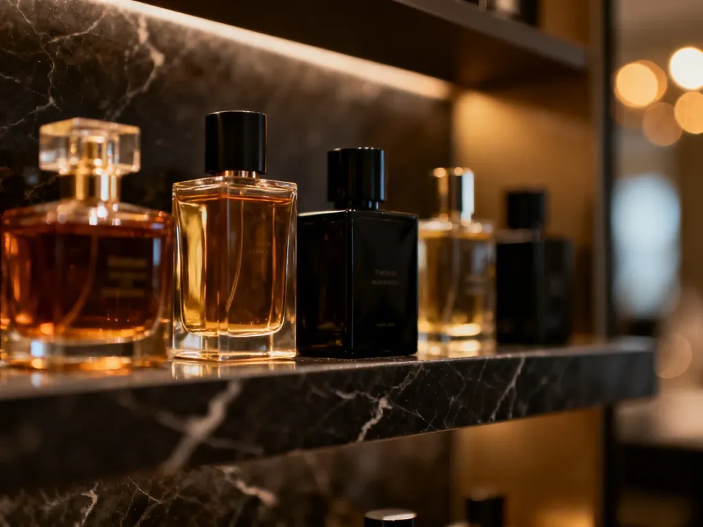 Eleganckie, minimalistyczne flakony niszowych perfum ustawione na ciemnym marmurowym blacie w luksusowej oprawie.