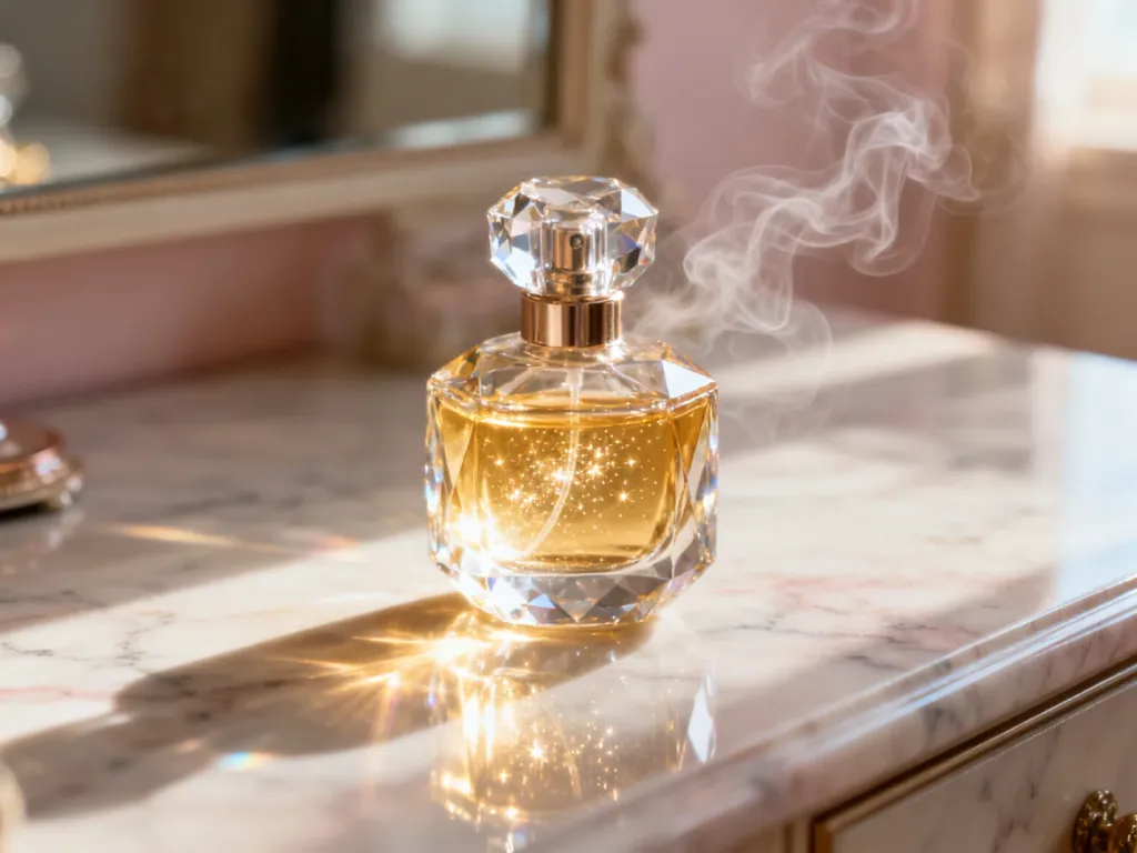 Kryształowy flakon perfum ze złotym płynem na marmurowym blacie, podkreślający elegancję i luksusowy charakter zapachów.