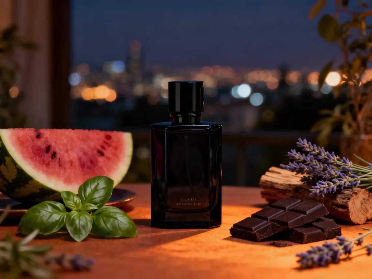 Ciemny flakon perfum w ciepłej wieczornej aranżacji z nutami roślinnymi