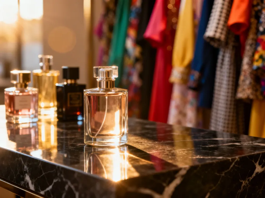 Eleganckie flakony męskich perfum United Colors of Benetton na marmurowym blacie w świetle zachodzącego słońca.