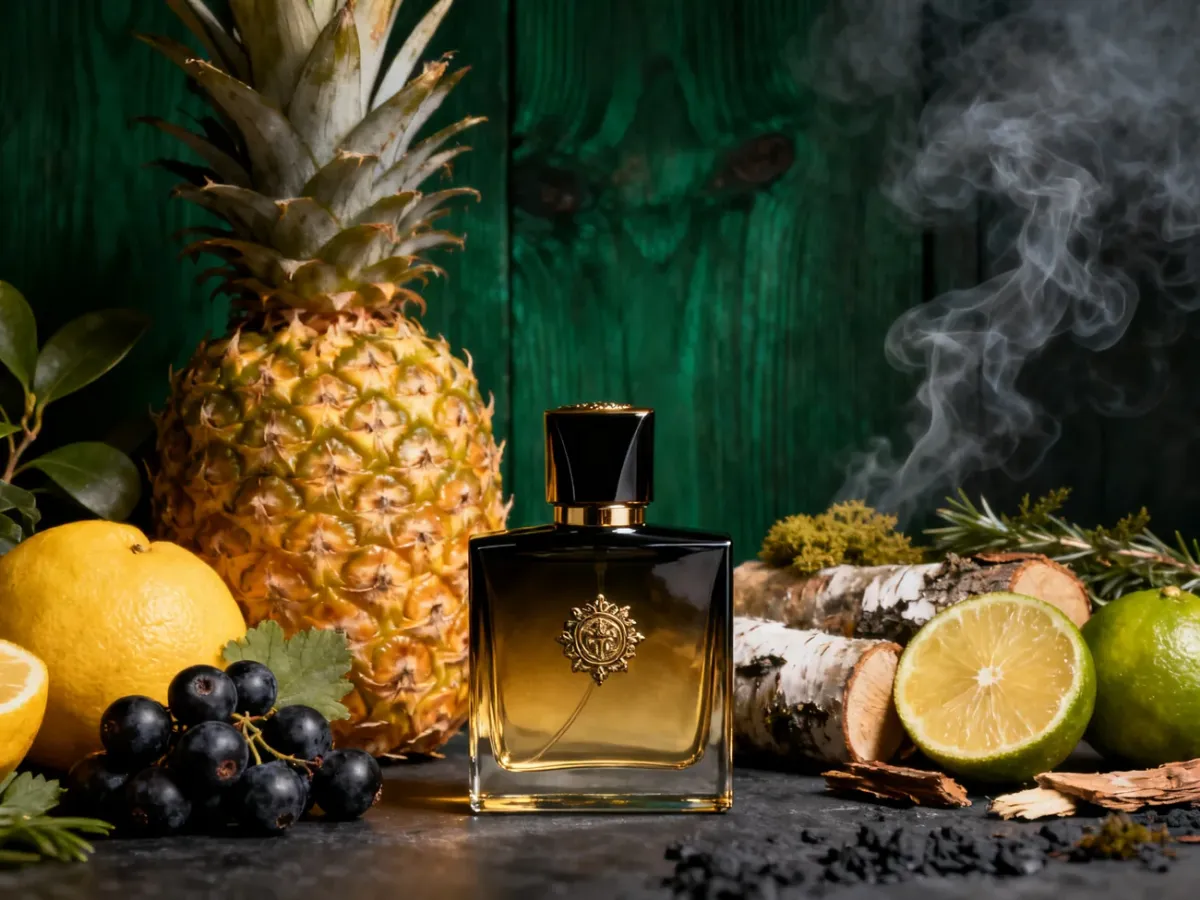 Elegancka kompozycja perfum z ananasem, czarną porzeczką, brzozą i mchem dębowym