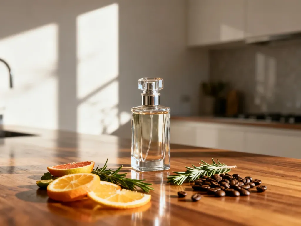 Elegancki flakon perfum otoczony świeżymi owocami, ziołami i ziarnami kawy, symbolizujący związek diety z zapachem ciała.
