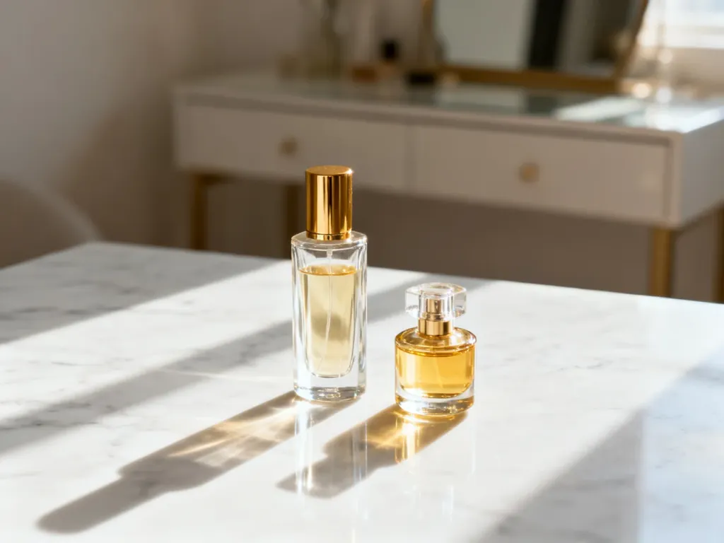 Dwie luksusowe butelki perfum na marmurowym blacie, prezentujące różnice w koncentracji i estetyce zapachów.