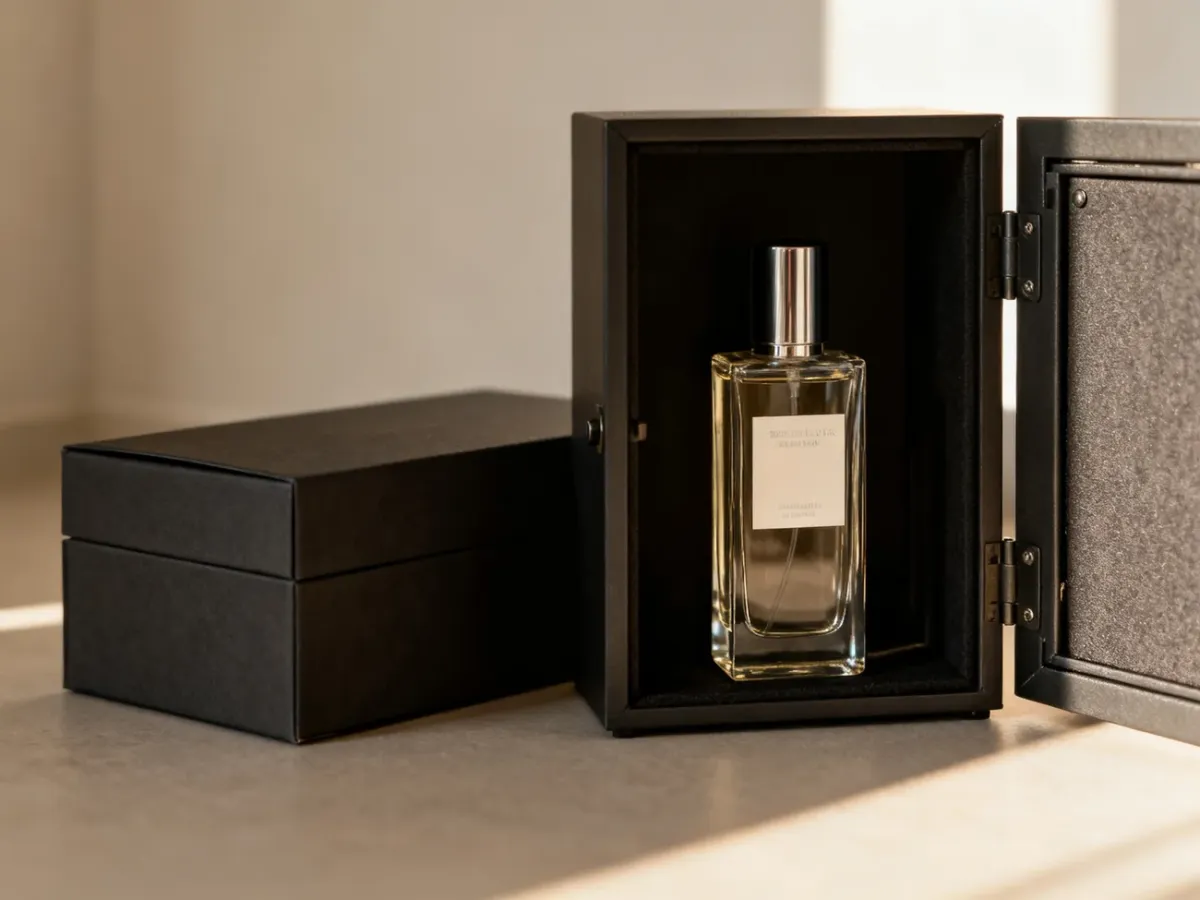 Perfume bottle safely stored in a dark cabinet