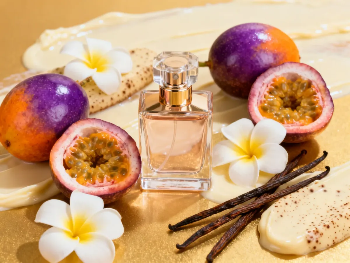 Flakon perfum otoczony marakują, wanilią i kwiatami frangipani
