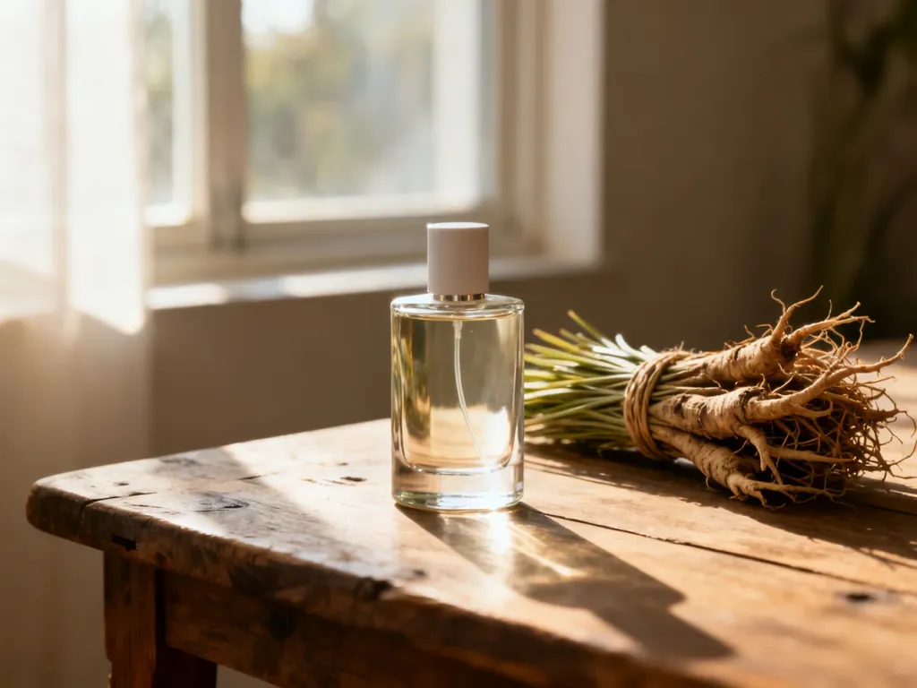 Elegancki flakon perfum na drewnianym stole obok suszonych korzeni wetywerii w ciepłym świetle poranka.