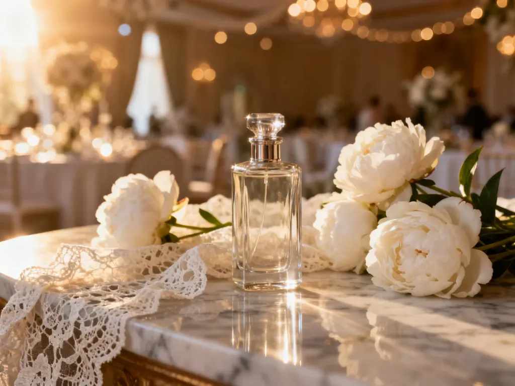 Elegancki flakon perfum na marmurowym blacie w otoczeniu białych piwonii i koronki, budujący romantyczny, weselny klimat.