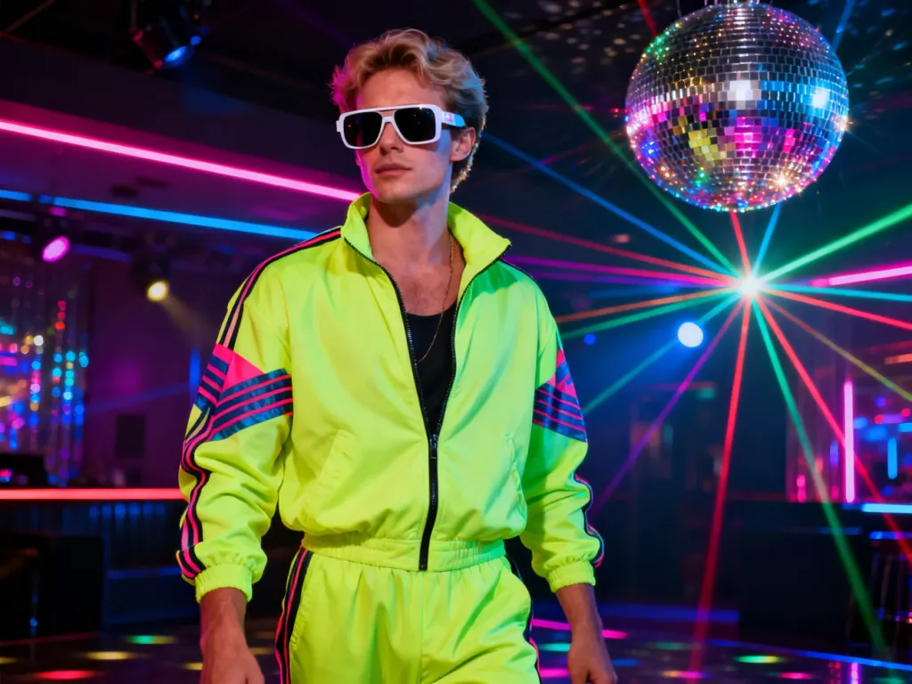 Mężczyzna w neonowym dresie i okularach w stylu lat 80. na tle rozświetlonego dyskotekowego parkietu.