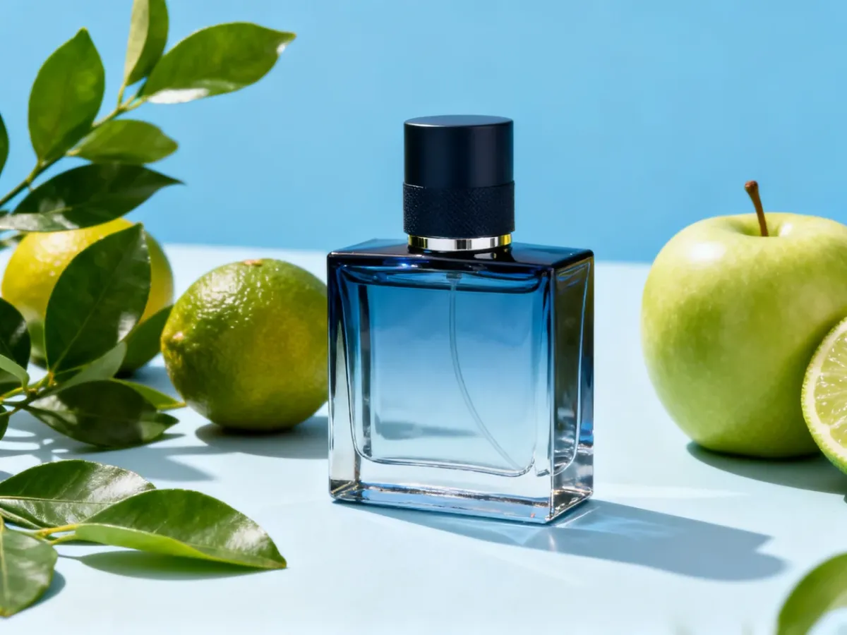 Męskie perfumy w świeżej, jasnej aranżacji z jabłkiem, cytrusami i zielonymi liśćmi