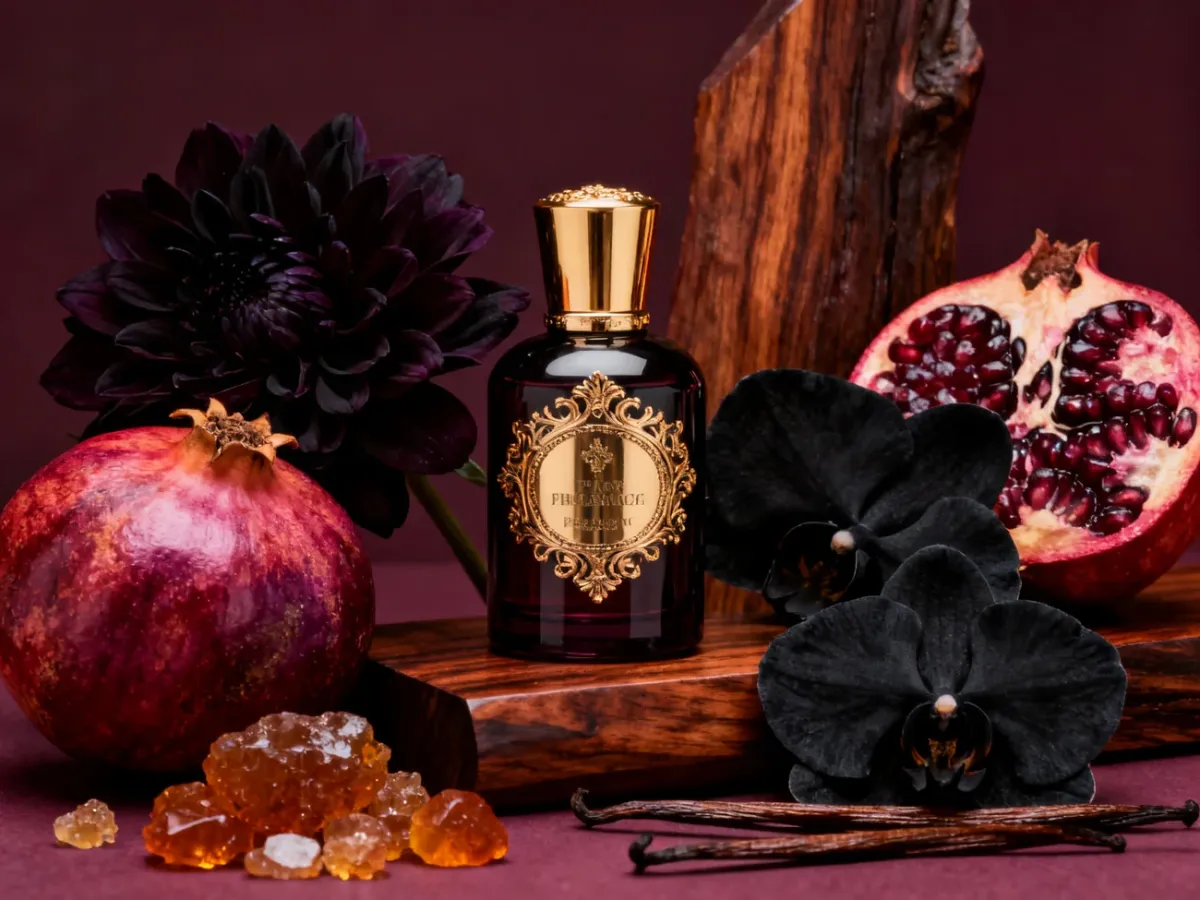 Kobiecy flakon perfum w ciemnej aranżacji z orchideą, granatem, wanilią i bursztynem