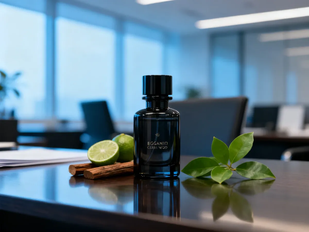 Elegancki flakon męskich perfum na biurku w nowoczesnym biurze