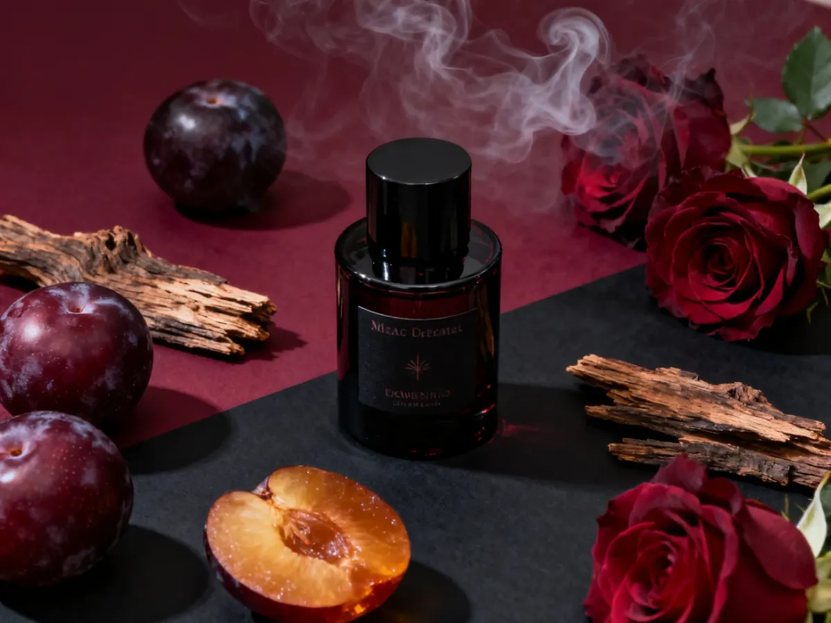 Niszowe perfumy otoczone różami, śliwkami i drewnem agarowym