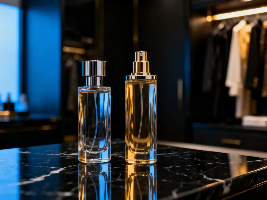 Eleganckie flakony perfum Yves Saint Laurent Y EDP oraz Le Parfum zestawione obok siebie na czarnym marmurowym blacie.
