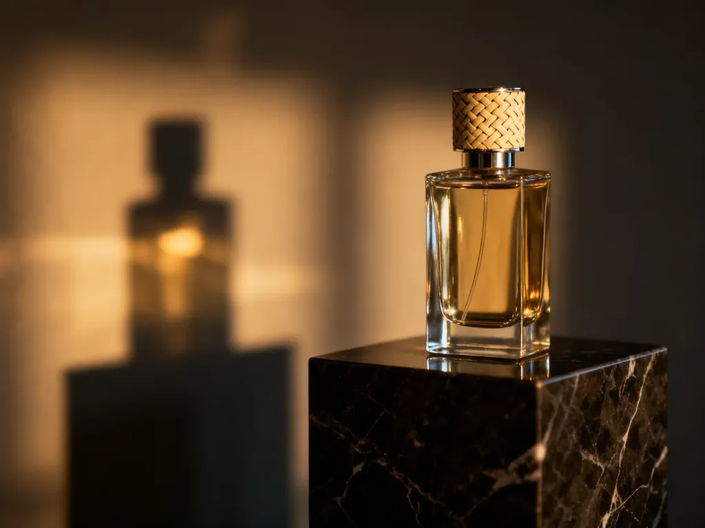 Elegancki flakon męskich perfum Bottega Veneta na marmurowym postumencie w ciepłym, nastrojowym świetle.