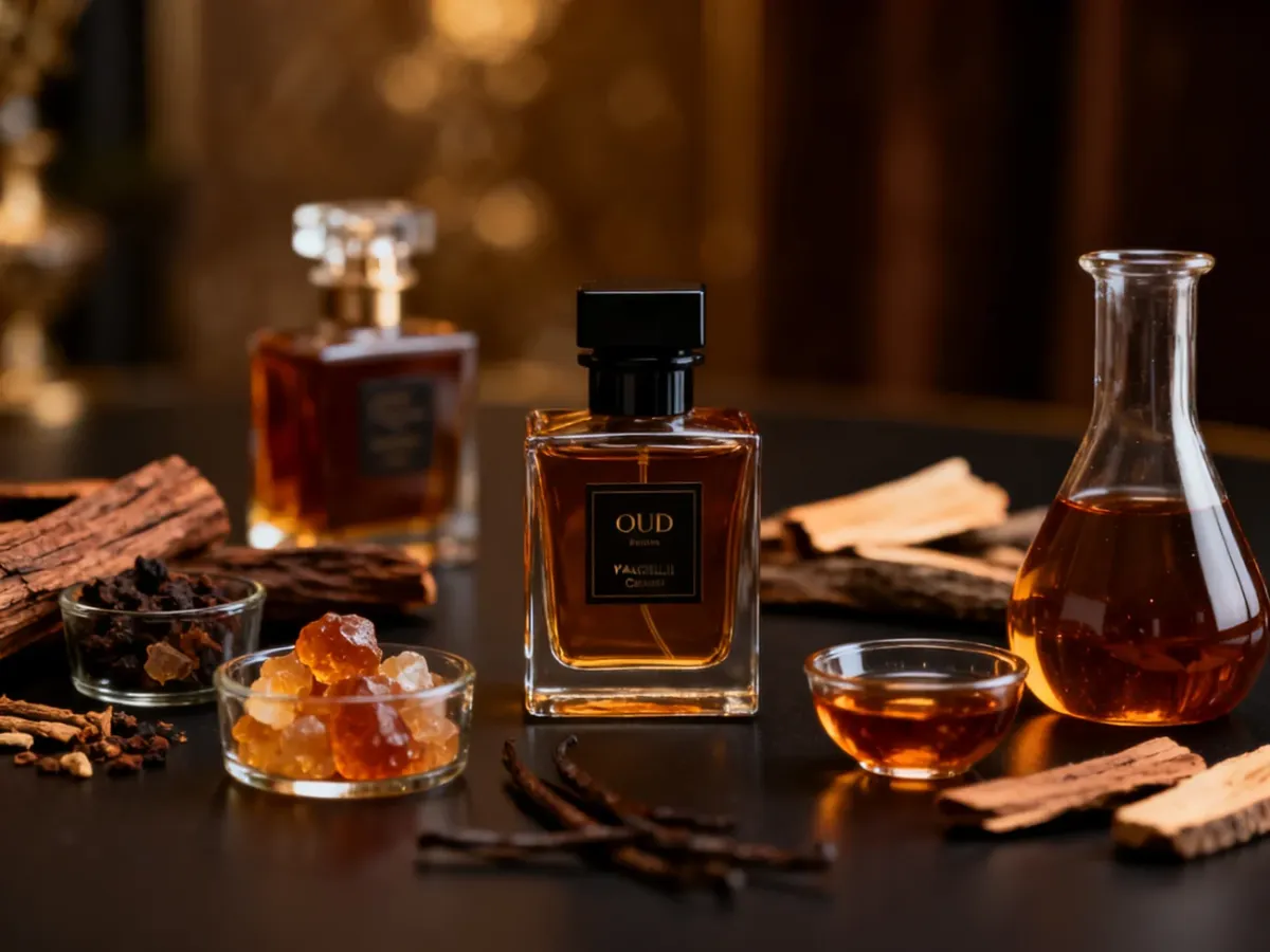 Perfumy otoczone składnikami ciężkiej bazy zapachowej