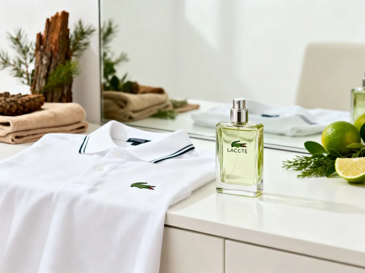 Biała koszulka polo i elegancki męski flakon perfum w jasnej aranżacji
