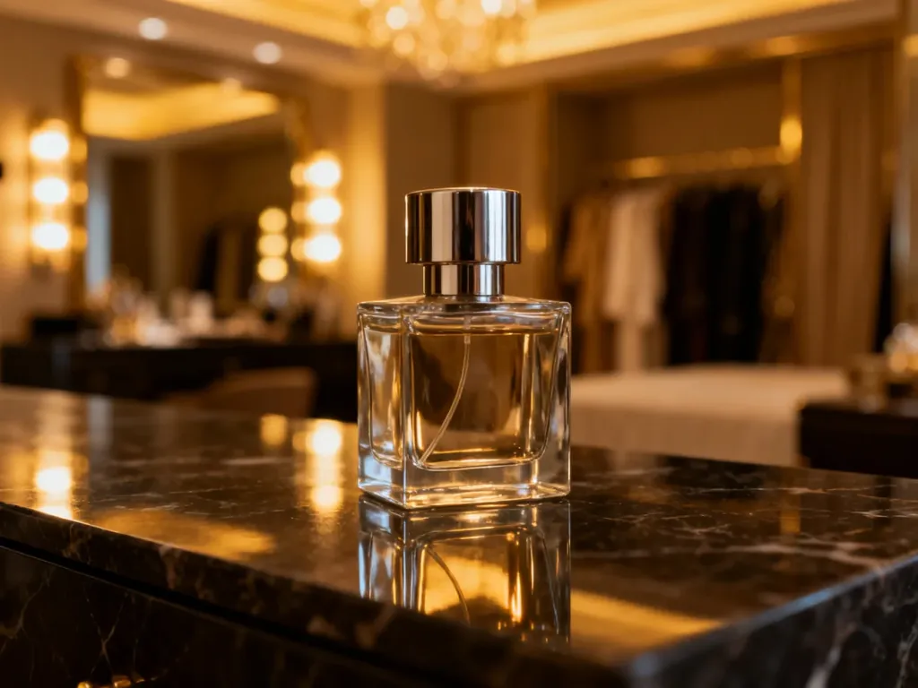 Elegancki flakon męskich perfum Coach na marmurowym blacie w luksusowym wnętrzu o ciepłym, wieczorowym oświetleniu.