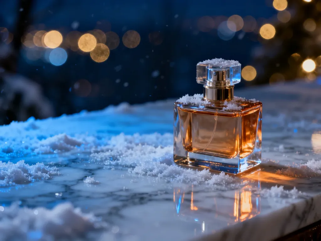 Luksusowy flakon perfum na oszronionym marmurze w zimowej scenerii z nastrojowym światłem w tle.