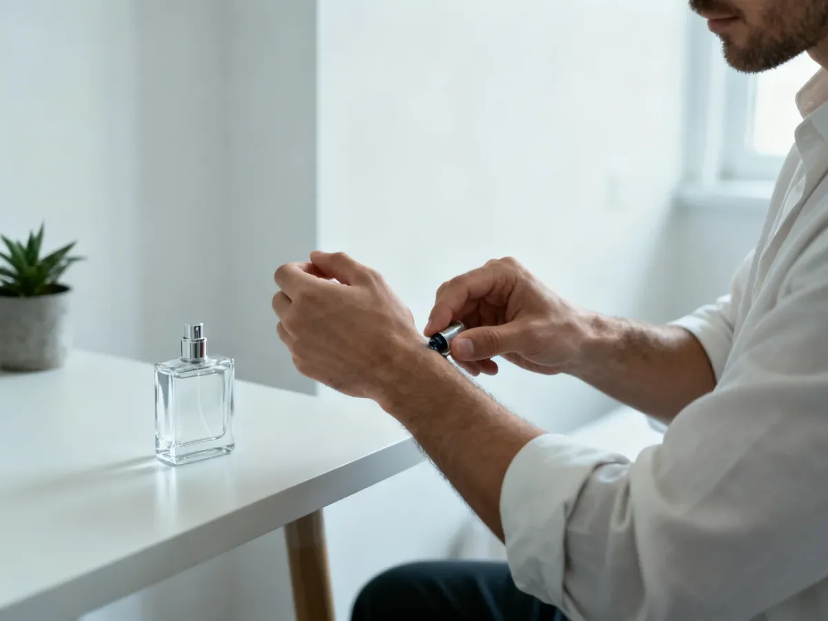 Mężczyzna aplikujący perfumy na nadgarstek