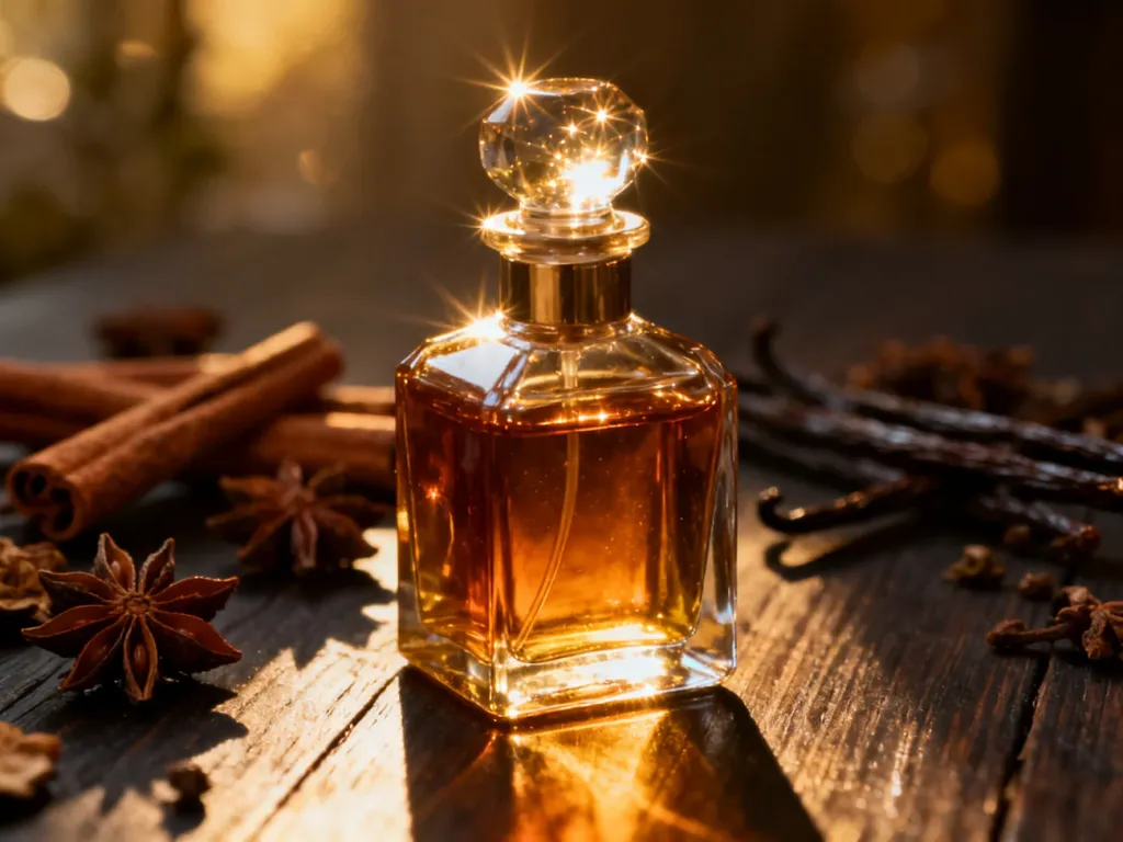 Elegancki flakon perfum z bursztynowym płynem w otoczeniu przypraw korzennych, podkreślający orientalny charakter zapachu.