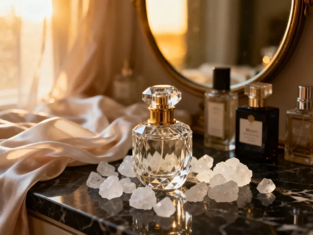 Eleganckie flakony perfum z piżmem na marmurowym blacie w otoczeniu kryształków i jedwabiu, podkreślające luksusowy charakter zapachów.