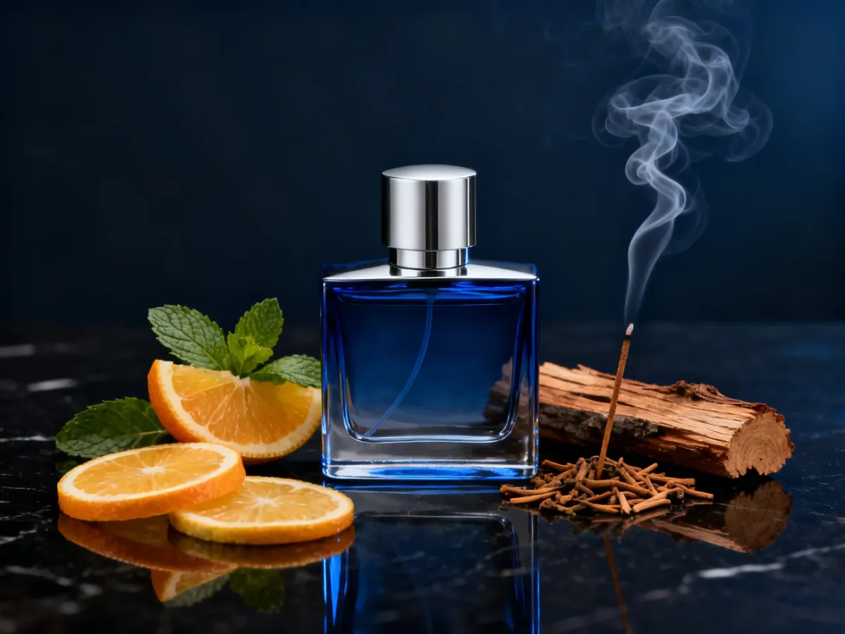 Elegancka kompozycja z flakonem męskich perfum otoczonym cytrusami, miętą, drewnem cedrowym i dymem kadzidła