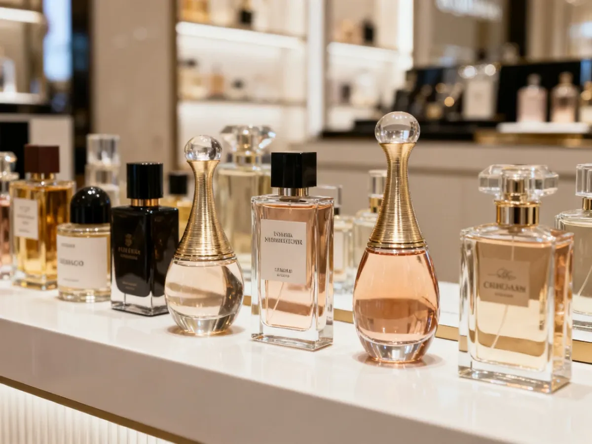 Różnorodne flakony perfum symbolizujące trzy segmenty rynku zapachów
