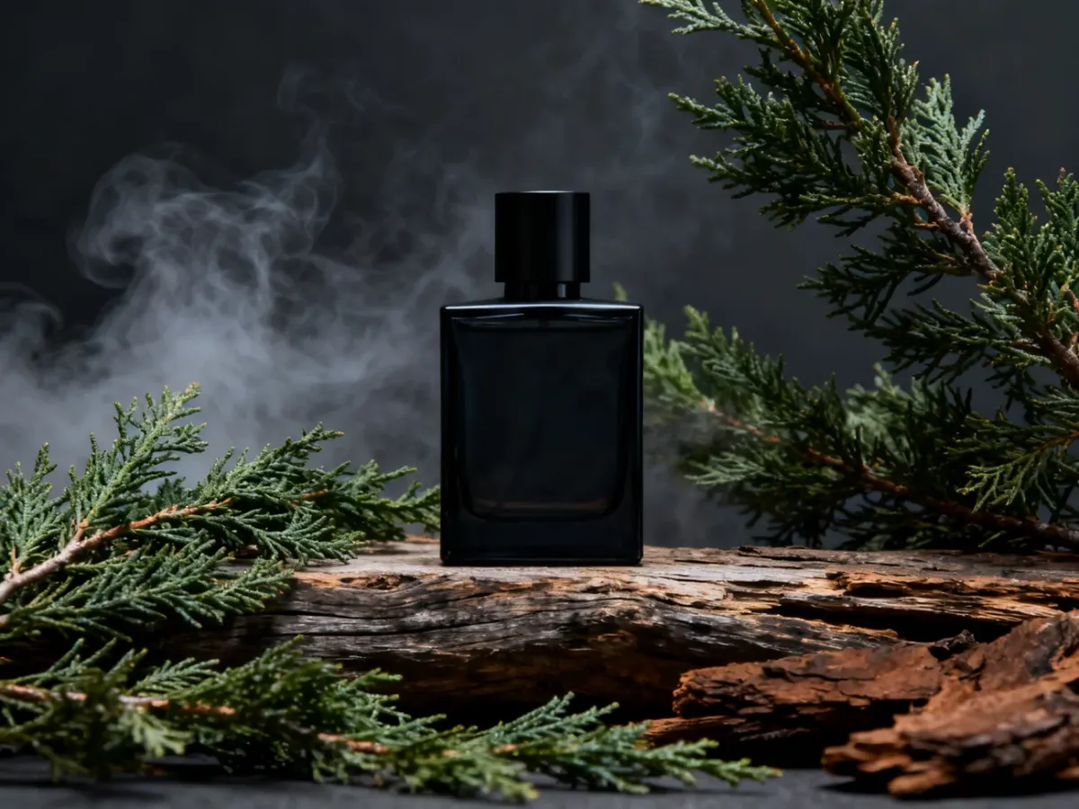 Minimalistyczny ciemny flakon perfum otoczony cyprysem i leśnymi akcentami