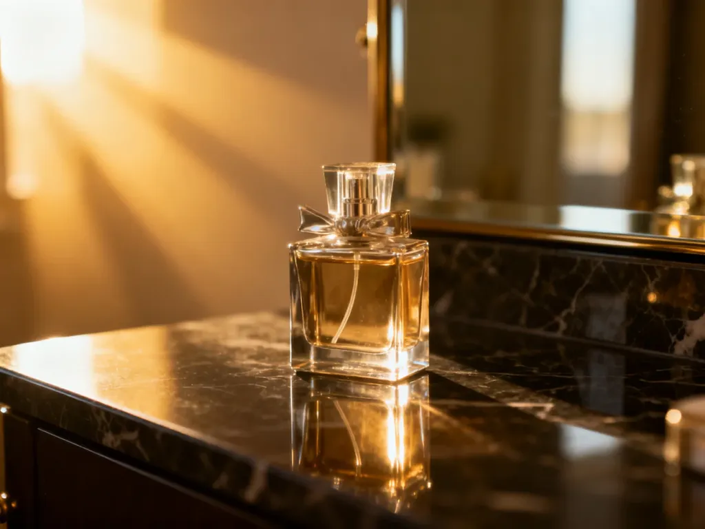 Elegancki flakon perfum na marmurowym blacie w promieniach porannego światła, podkreślający luksusowy charakter produktu.
